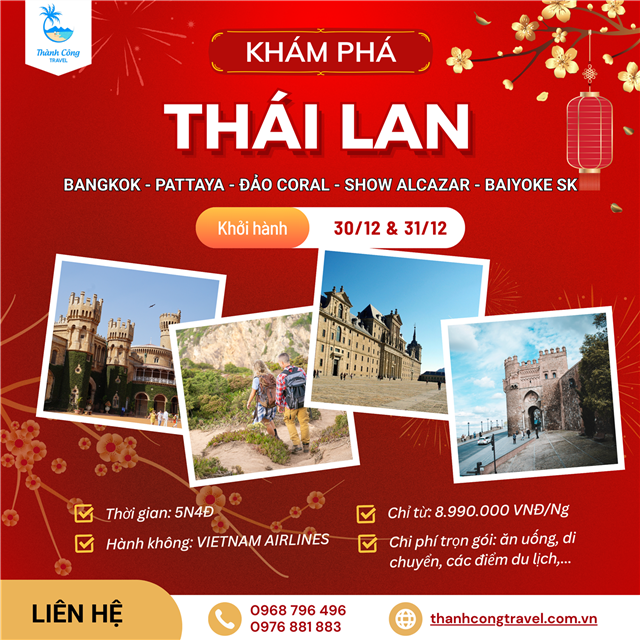 Tour Tết dương: Khám phá Thái Lan BANGKOK - PATTAYA - ĐẢO CORAL – SHOW ALCAZAR – BAIYOKE SKY  5N4Đ