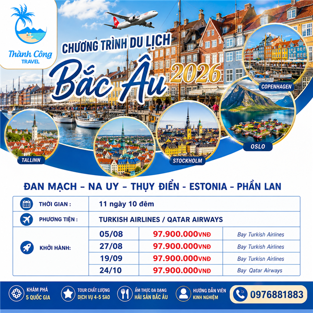 CHƯƠNG TRÌNH DU LỊCH BẮC ÂU 2026: ĐAN MẠCH – NA UY – THỤY ĐIỂN - ESTONIA–PHẦN LAN 11N10Đ