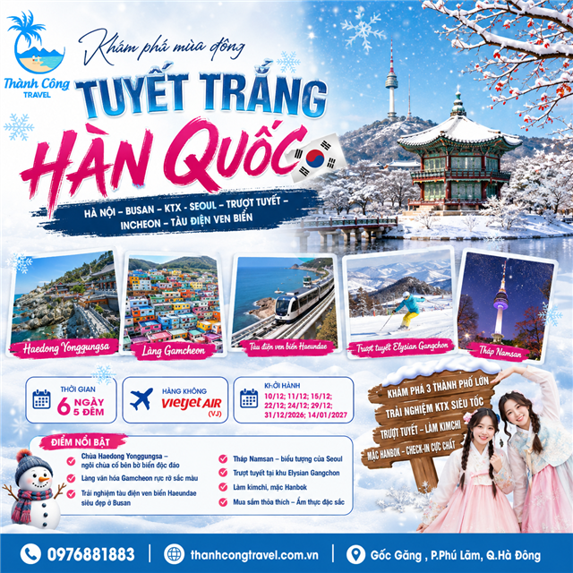 Khám phá mùa đông tuyết trắng Hàn Quốc : HÀ NỘI – BUSAN – KTX - SEOUL – TRƯỢT TUYẾT – INCHEON – TÀU ĐIỆN VEN BIỂN 6N5Đ