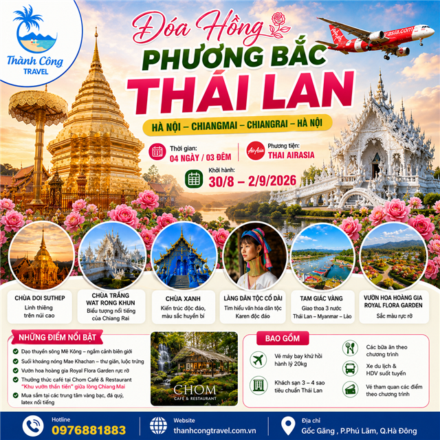  ĐÓA HỒNG PHƯƠNG BẮC THÁI LAN   HÀ NỘI – CHIANGMAI – CHIANGRAI - HÀ NỘI 4N3Đ