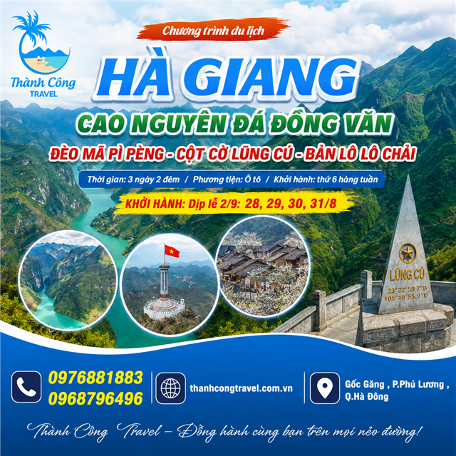 Chương trình du lịch  HÀ GIANG - CAO NGUYÊN ĐÁ ĐỒNG VĂN ĐÈO MÃ PÌ PÈNG - CỘT CỜ LŨNG CÚ - BẢN LÔ LÔ CHẢI 3N2Đ