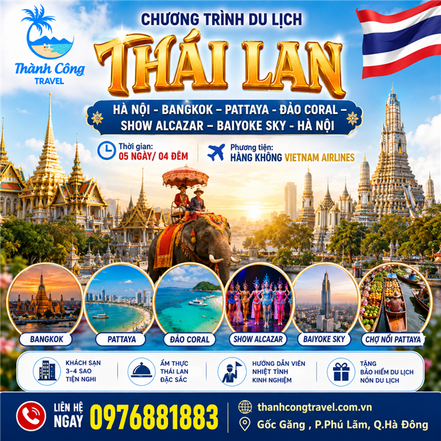 KHÁM PHÁ THÁI LAN : HÀ NỘI - BANGKOK – PATTAYA- ĐẢO CORAL – SHOW ALCAZAR – BAIYOKE SKY - HÀ NỘI 