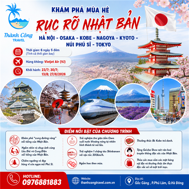 KHÁM PHÁ MÙA HÈ RỰC RỠ NHẬT BẢN  HÀ NỘI - OSAKA - KOBE - NAGOYA - KYOTO -  NÚI PHÚ SĨ - TOKYO 6N5Đ