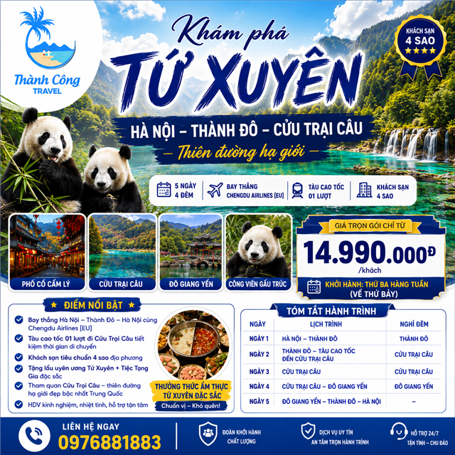 KHÁM PHÁ TỨ XUYÊN  HÀ NỘI- THÀNH ĐÔ- THIÊN ĐƯỜNG HẠ GIỚI CỬU TRẠI CÂU 5N4Đ