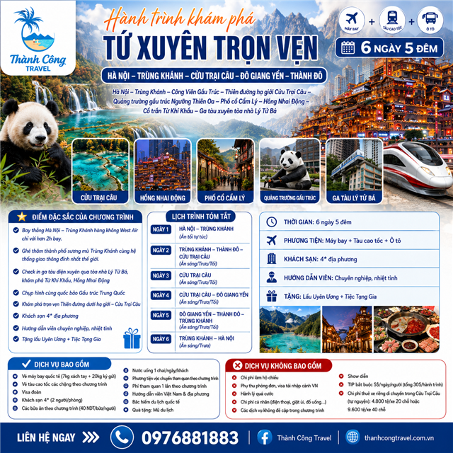 HÀNH TRÌNH KHÁM PHÁ TỨ XUYÊN TRỌN VẸN HÀ NỘI- TRÙNG KHÁNH- CỬU TRẠI CÂU- ĐÔ GIANG YỂN- THÀNH ĐÔ 6N5Đ