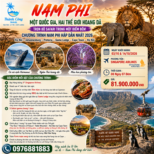 NAM PHI 2026: Johannesburg – Pretoria – Game Lodge – Cape Town 8N7Đ