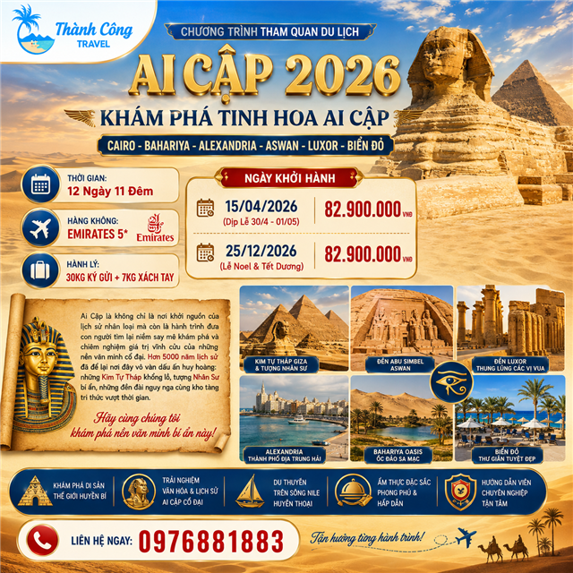 AI CẬP 2026: CAIRO - BAHARIYA – ALEXANDRIA - ASWAN - LUXOR - BIỂN ĐỎ 12N11Đ