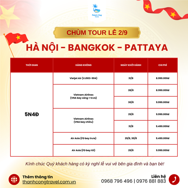 Tour lễ 2.9: BANGKOK – PATTAYA- JOMTIEN – SHOW ALCAZAR –  BAIYOKE SKY (5N4Đ)